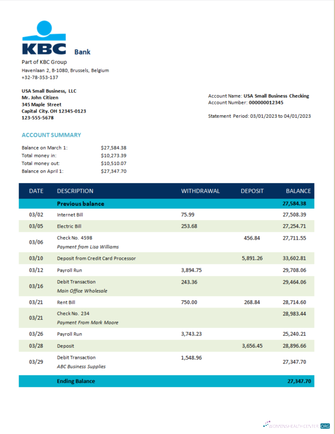 Download KBC Bank corporate account statement Word and PDF template Photoshop template